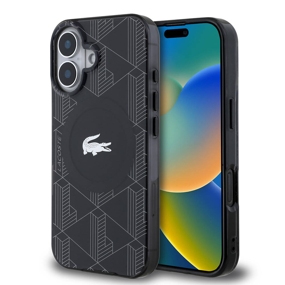 Apple iPhone 16 Uyumlu Kılıf Lacoste Orjinal Lisanslı M-safe Şarj Özellikli IML Baskılı Gümüş Timsah Logolu Monogram Kapak