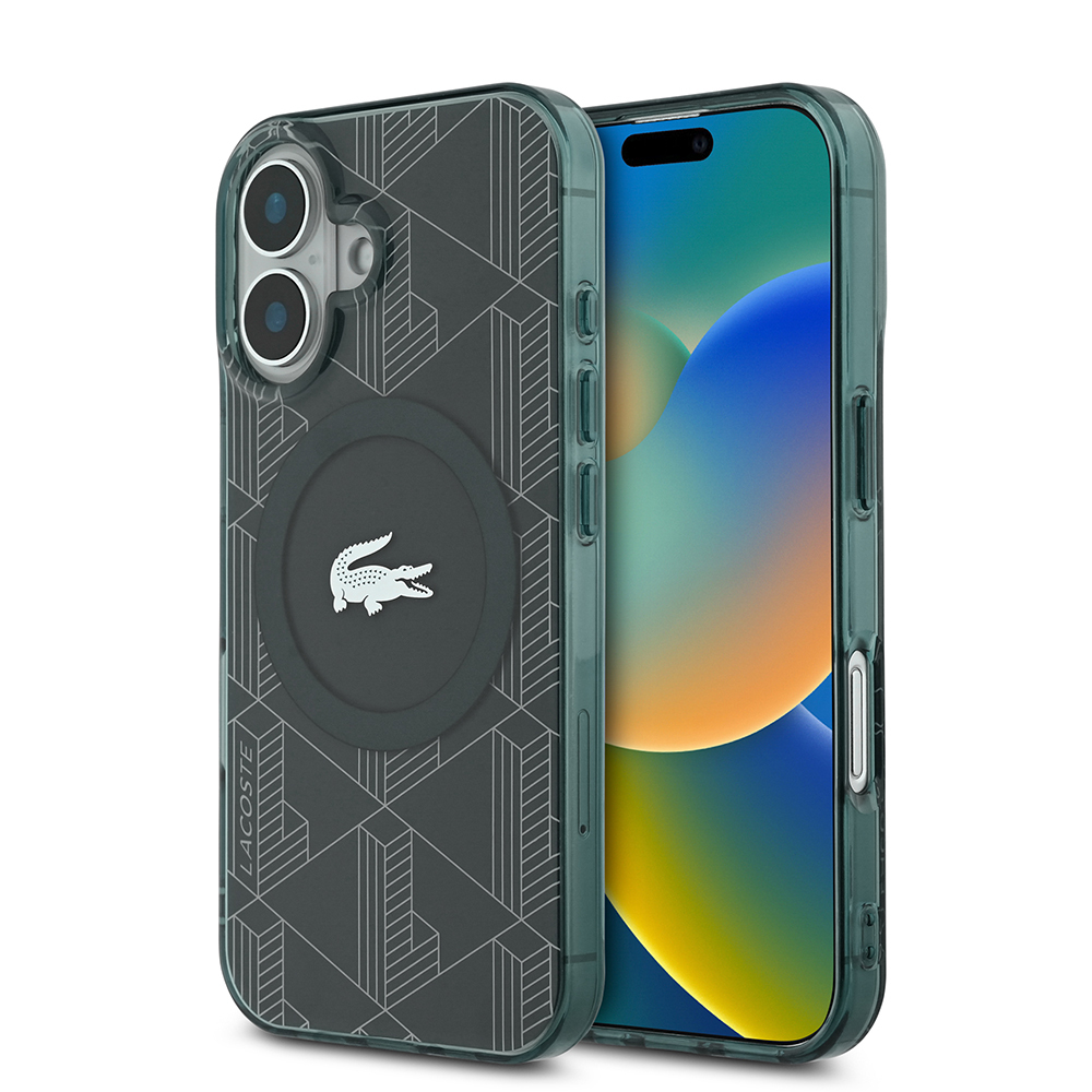 Apple iPhone 16 Uyumlu Kılıf Lacoste Orjinal Lisanslı M-safe Şarj Özellikli IML Baskılı Gümüş Timsah Logolu Monogram Kapak