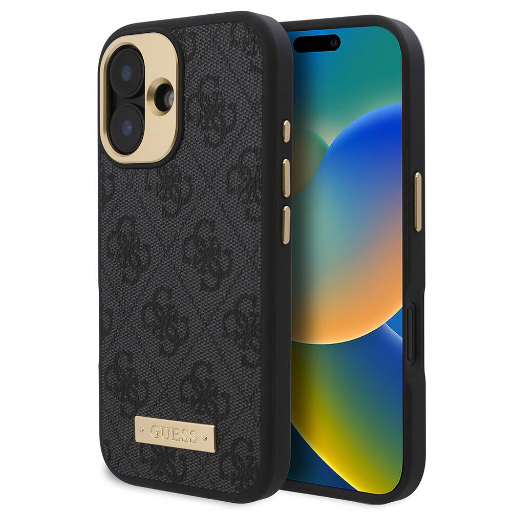 [ZTA109961] Apple iPhone 16 Uyumlu Kılıf Guess Orjinal Lisanslı M-safe Şarj Özellikli PU 4G Desenli Metal Plaka Klasik Logolu Kapak (Siyah)