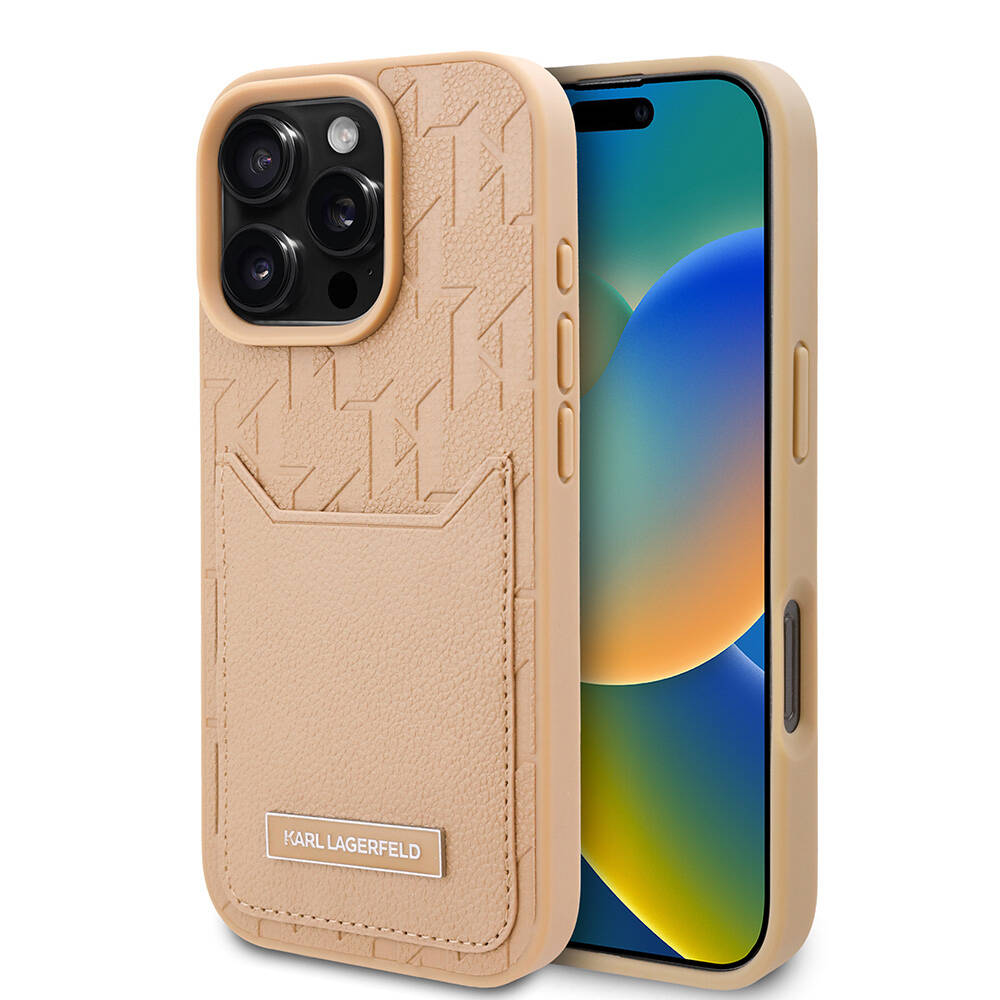 Apple iPhone 16 Pro Uyumlu Kılıf Karl Lagerfeld Orjinal Lisanslı KL Desenli Kartlıklı Monogram Kapak