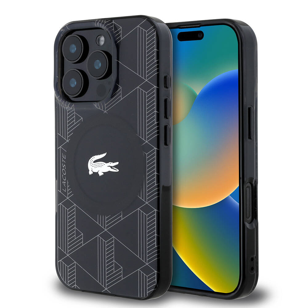 Apple iPhone 16 Pro Uyumlu Kılıf Lacoste Orjinal Lisanslı M-safe Şarj Özellikli IML Baskılı Gümüş Timsah Logolu Monogram Kapak