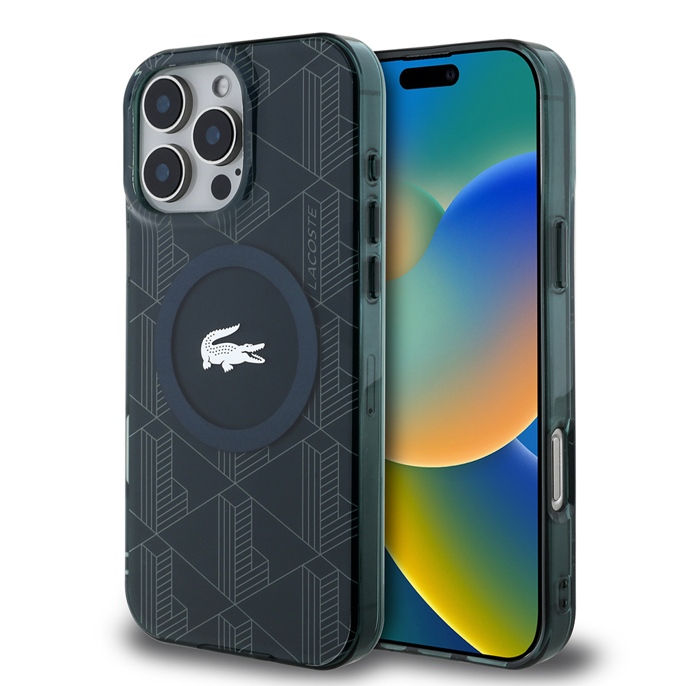Apple iPhone 16 Pro Uyumlu Kılıf Lacoste Orjinal Lisanslı M-safe Şarj Özellikli IML Baskılı Gümüş Timsah Logolu Monogram Kapak