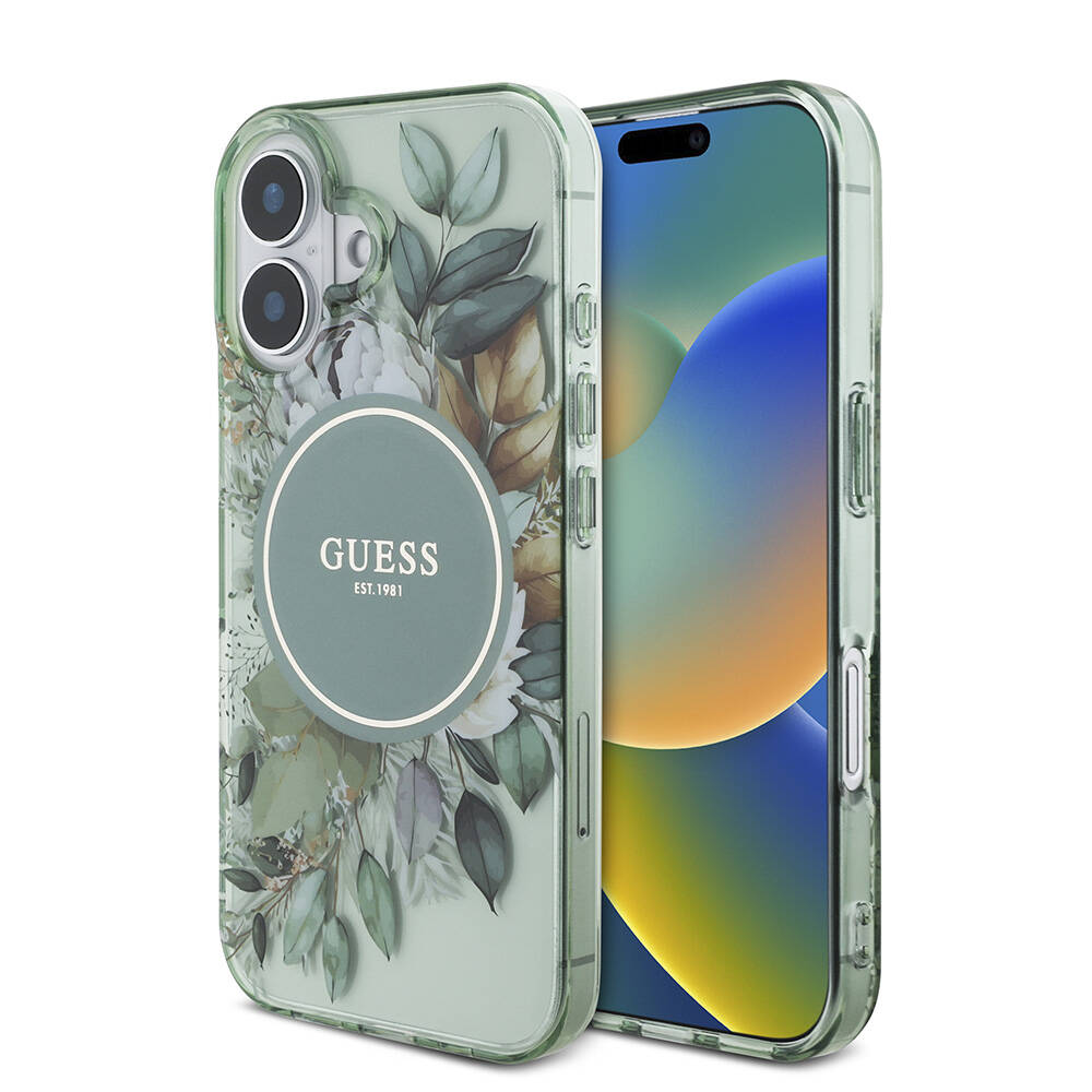 Apple iPhone 16 Plus Uyumlu Kılıf Guess Orjinal Lisanslı M-safe Şarj Özellikli IML Baskılı Çiçek İnci Bileklikli Kapak