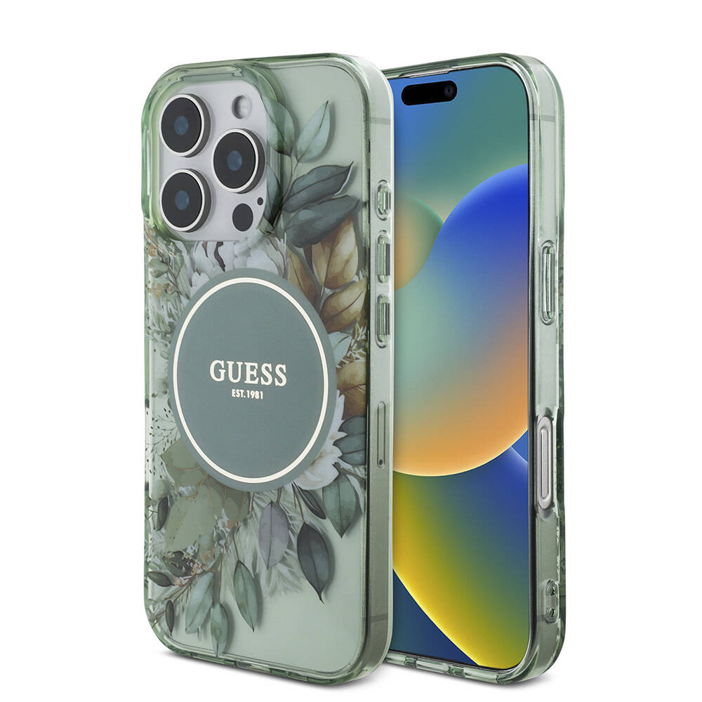 Apple iPhone 16 Pro Max Uyumlu Kılıf Guess Orjinal Lisanslı M-safe Şarj Özellikli IML Baskılı Çiçek İnci Bileklikli Kapak
