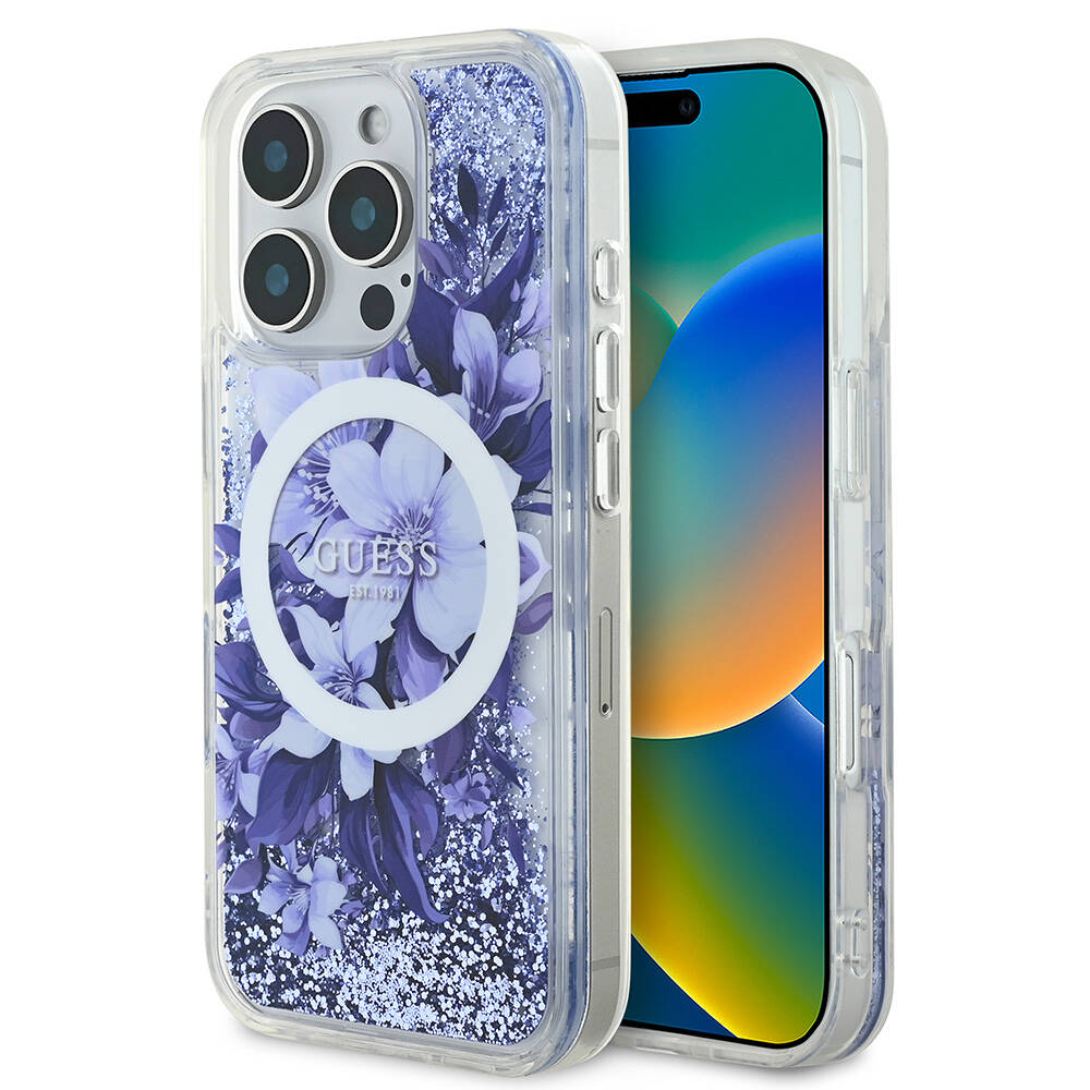 Apple iPhone 16 Pro Uyumlu Kılıf Guess Orjinal Lisanslı M-safe Şarj Özellikli Sıvılı Simli Çiçek Desenli Kapak