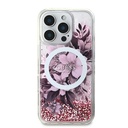 Apple iPhone 16 Pro Uyumlu Kılıf Guess Orjinal Lisanslı M-safe Şarj Özellikli Sıvılı Simli Çiçek Desenli Kapak