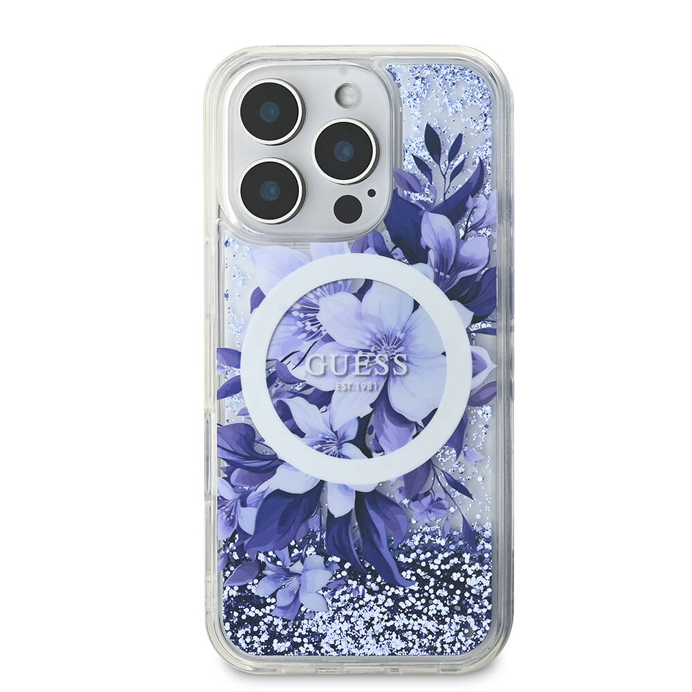 Apple iPhone 16 Pro Max Uyumlu Kılıf Guess Orjinal Lisanslı M-safe Şarj Özellikli Sıvılı Simli Çiçek Desenli Kapak