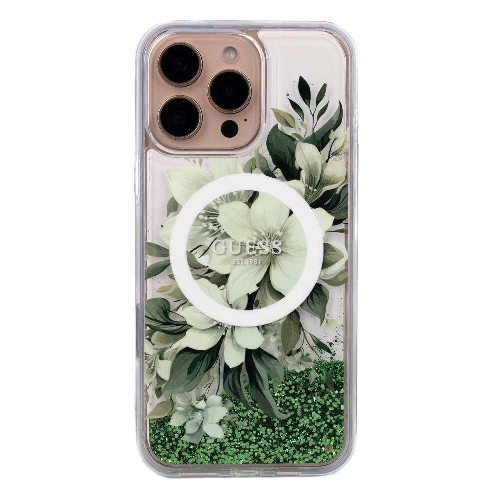 Apple iPhone 16 Pro Max Uyumlu Kılıf Guess Orjinal Lisanslı M-safe Şarj Özellikli Sıvılı Simli Çiçek Desenli Kapak