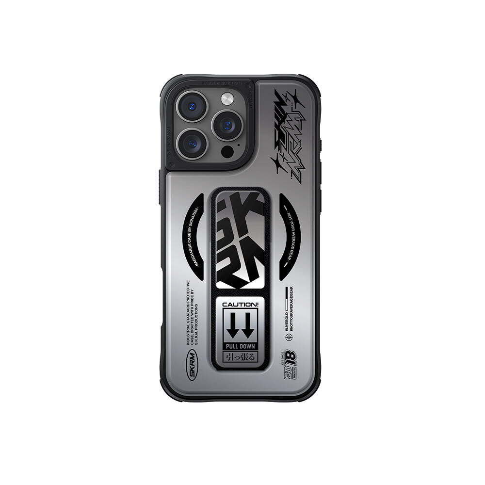 [RNZ-TA110668] Apple iPhone 16 Pro Max Uyumlu Kılıf M-safe Şarj Özellikli Holografik Tasarımlı Standlı Deri Görünümlü Skinarma Kira Kobai Kapak (Gümüş)