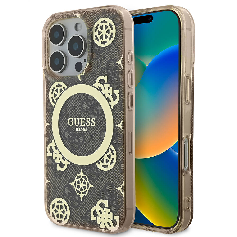 Apple iPhone 16 Pro Uyumlu Kılıf Guess Orjinal Lisanslı M-safe Şarj Özellikli IML Peony ve 4G Desenli Klasik Logolu Kapak