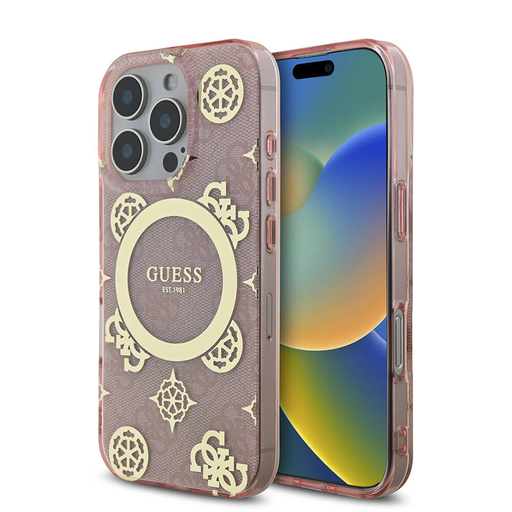 Apple iPhone 16 Pro Uyumlu Kılıf Guess Orjinal Lisanslı M-safe Şarj Özellikli IML Peony ve 4G Desenli Klasik Logolu Kapak