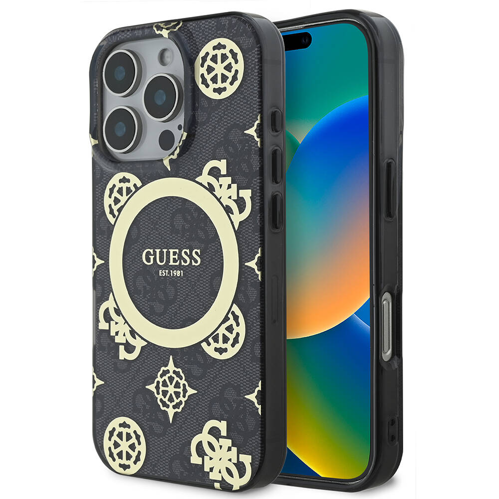 Apple iPhone 16 Pro Uyumlu Kılıf Guess Orjinal Lisanslı M-safe Şarj Özellikli IML Peony ve 4G Desenli Klasik Logolu Kapak