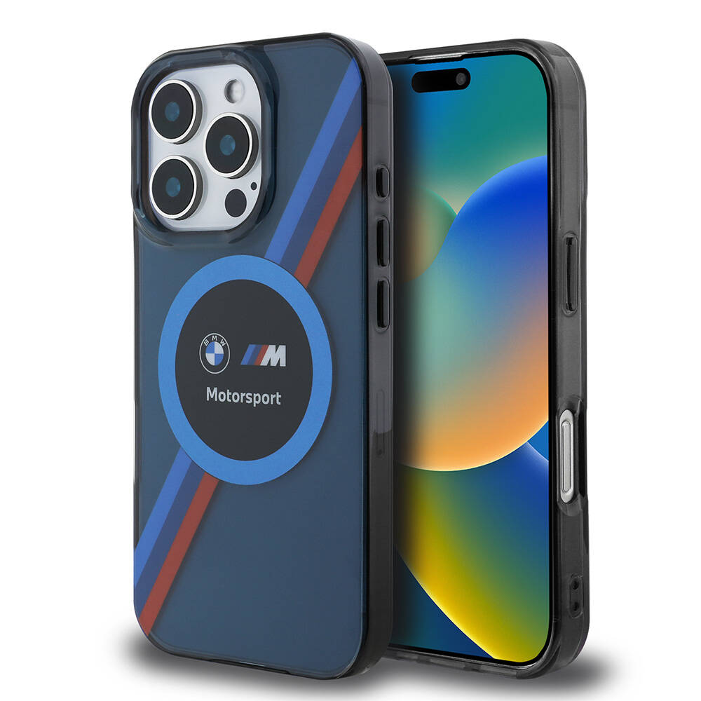 Apple iPhone 16 Pro Uyumlu Kılıf BMW Orjinal Lisanslı M-safe Şarj Özellikli M Logolu Üç Renk Çizgili Motorsport Circle Kapak