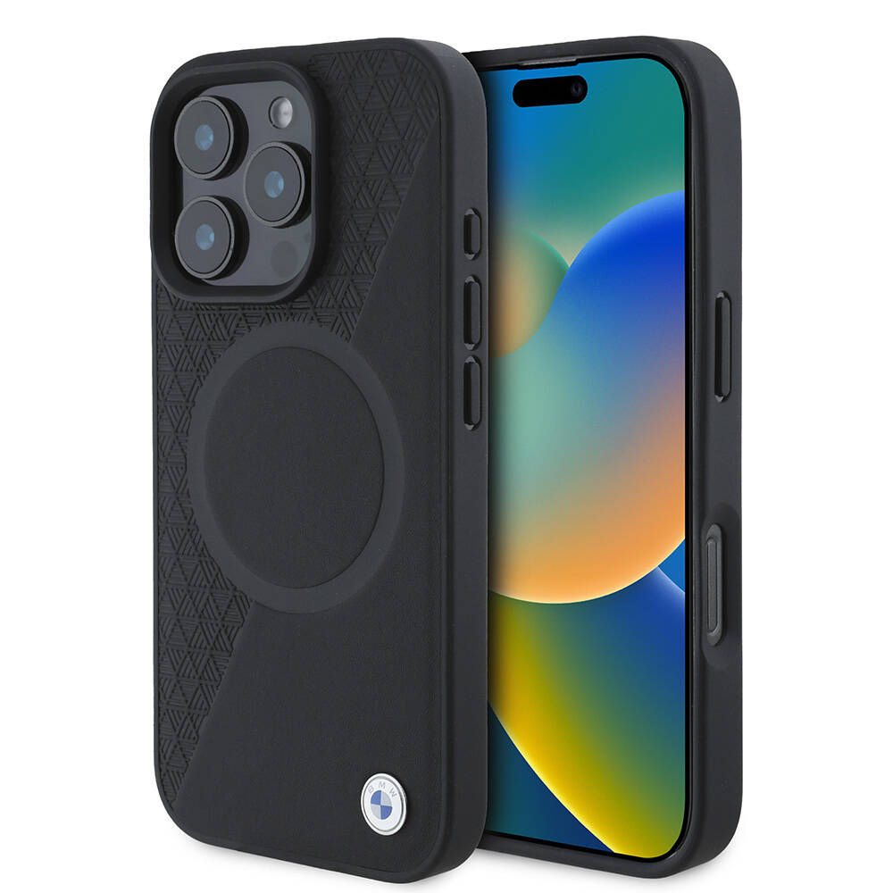 Apple iPhone 16 Pro Uyumlu Kılıf BMW Orjinal Lisanslı M-safe Şarj Özellikli Metal Logolu Yarım Dokulu Circle Deri Kapak