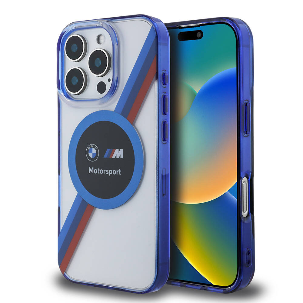 Apple iPhone 16 Pro Max Uyumlu Kılıf BMW Orjinal Lisanslı M-safe Şarj Özellikli M Logolu Üç Renk Çizgili Motorsport Circle Kapak