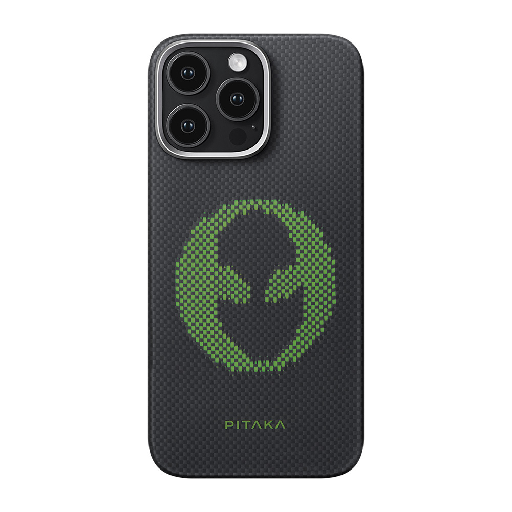 [RNZ-TA111582] Apple iPhone 16 Pro Max Uyumlu Kılıf M-safe Şarj Özellikli Lumintex Teknolojili Fosforlu Aramid Fiber Pitaka Tactile Woven Aries Serisi Alien Kapak