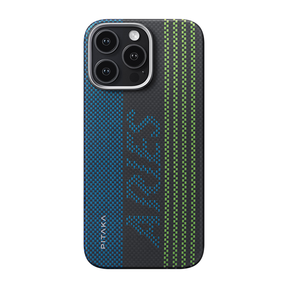 [RNZ-TA111584] Apple iPhone 16 Pro Max Uyumlu Kılıf M-safe Şarj Özellikli Lumintex Teknolojili Fosforlu Aramid Fiber Pitaka Tactile Woven Aries Serisi Credit Card Kapak