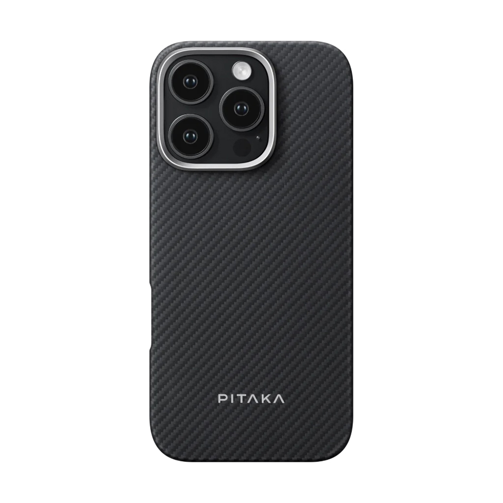 [RNZ-TA111599] Apple iPhone 16 Pro Max Uyumlu Kılıf M-safe Şarj Özellikli 600D Aramid Fiber Pitaka Ultra-Slim Classic Serisi Black-Grey Twill Kapak