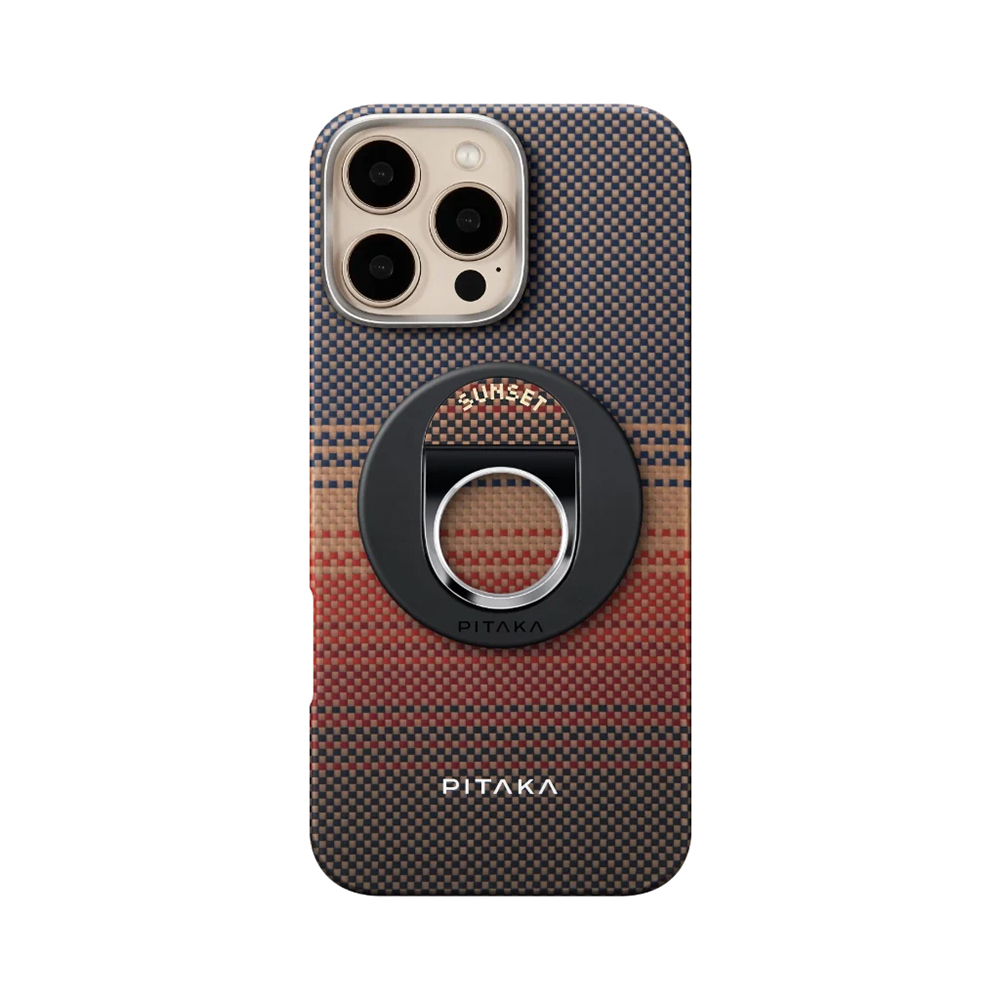 [RNZ-TA111613] Apple iPhone 16 Pro Max Uyumlu Kılıf M-safe Şarj Özellikli Grip 3 Standlı Aramid Fiber Pitaka Tactile Woven Sunset-Moonrise Serisi Sunset Kapak
