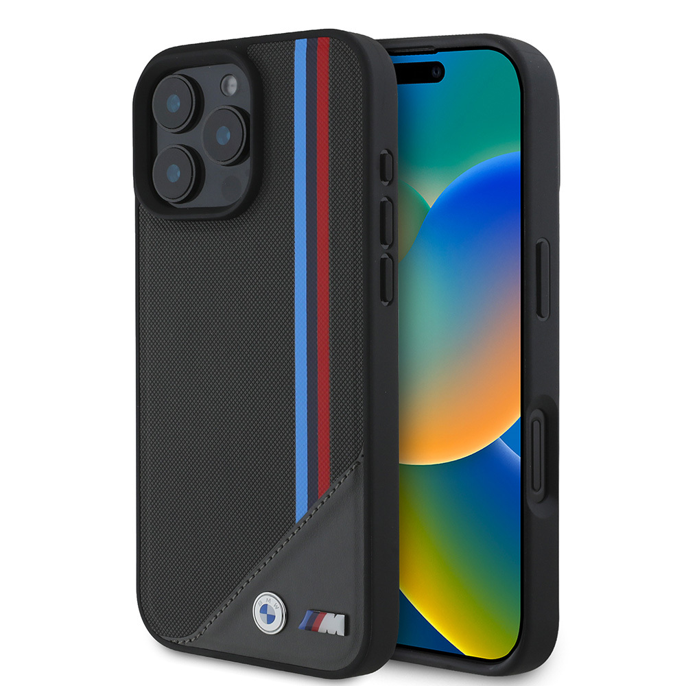 Apple iPhone 16 Uyumlu Kılıf BMW Orjinal Lisanslı M-safe Şarj Özellikli M Logolu Üç Çizgili Dikiş Detaylı Meshed Tricolor Stripes Kapak