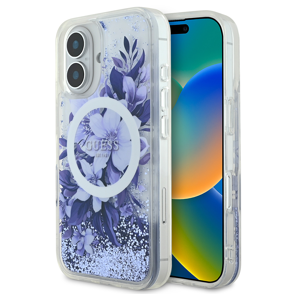 Apple iPhone 16 Plus Uyumlu Kılıf Guess Orjinal Lisanslı M-safe Şarj Özellikli Sıvılı Simli Çiçek Desenli Kapak