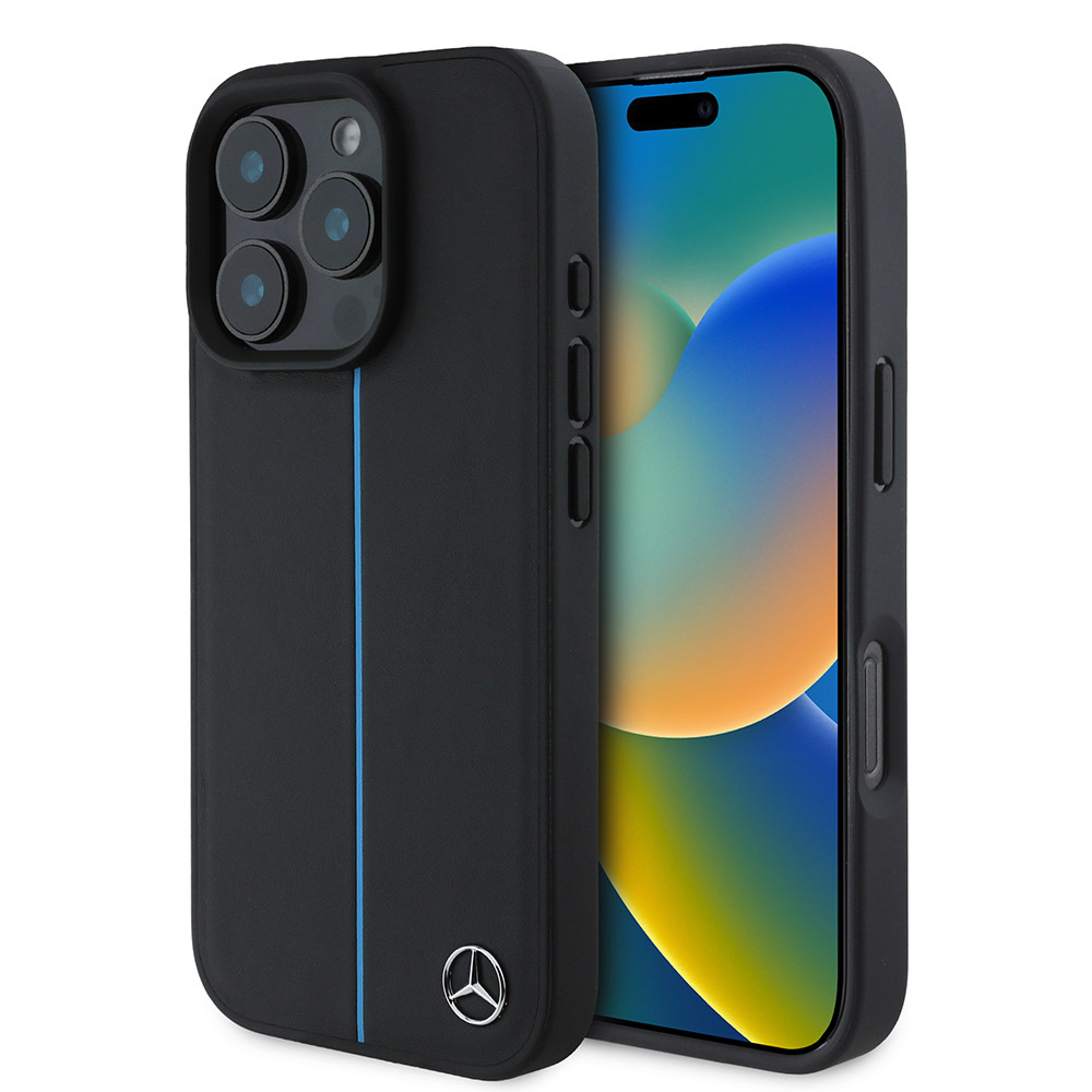 [RNZ-TA111030] Apple iPhone 16 Pro Max Uyumlu Kılıf Mercedes Benz Orjinal Lisanslı M-safe Şarj Özellikli Metal Yıldız Logolu Mavi Çizgili Deri Kapak