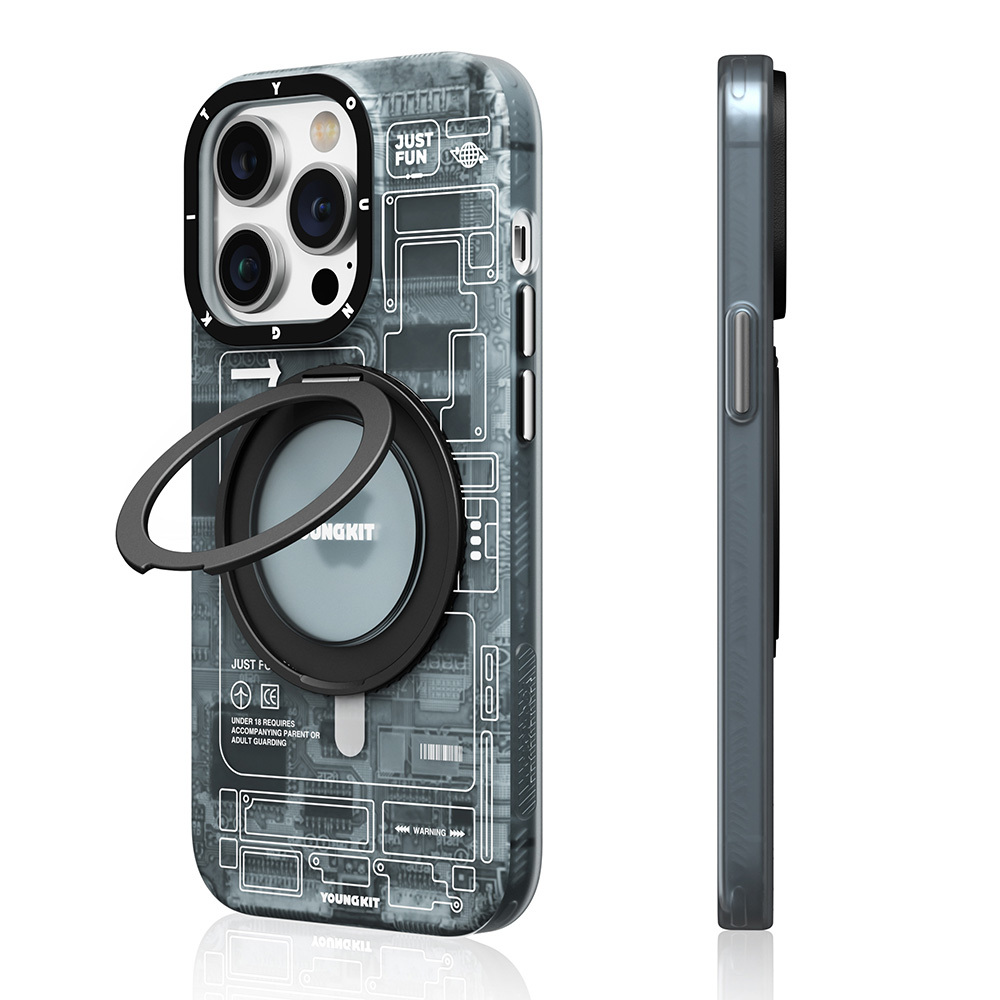 [RNZ-TA111133] Apple iPhone 14 Pro Max Uyumlu Kılıf M-safe Şarj Özellikli Youngkit 360° Standlı Technology Serisi Kapak (Gri)