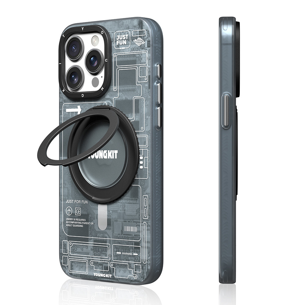 [RNZ-TA111135] Apple iPhone 15 Pro Max Uyumlu Kılıf M-safe Şarj Özellikli Youngkit 360° Standlı Technology Serisi Kapak (Gri)
