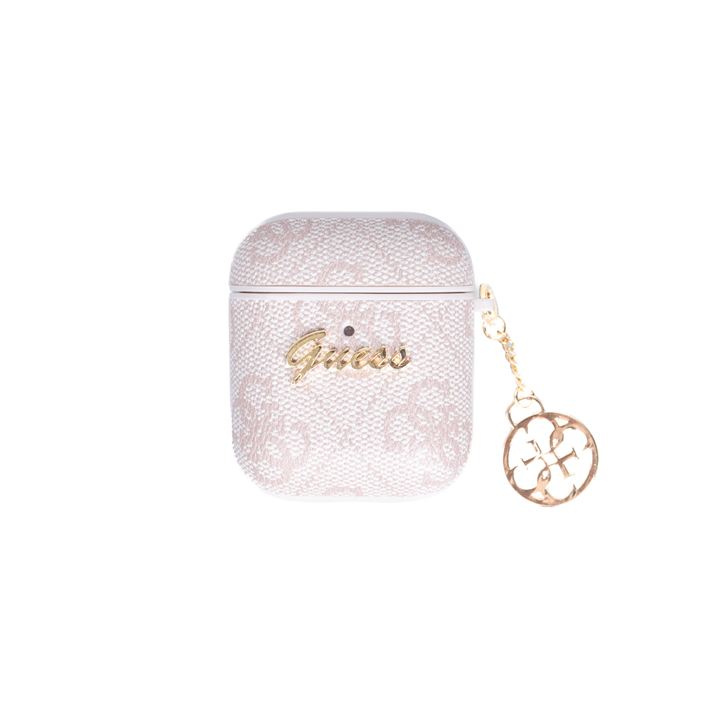 [RNZ-TA111717] Apple Airpods Uyumlu Kılıf Guess Orjinal Lisanslı 4G Desenli Metal Script Logolu 4G Charm Sağdan Askılı PU Deri Kılıf