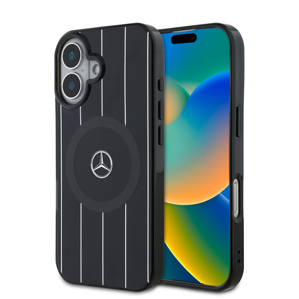 Apple iPhone 16 Plus Uyumlu Kılıf Mercedes Benz Orjinal Lisanslı M-safe Şarj Özellikli Çift Katmanlı Paralel Çizgi Desenli Kapak