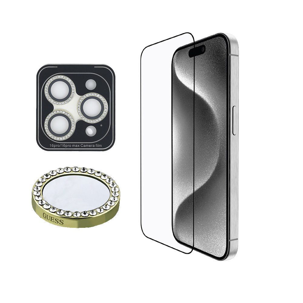 Apple iPhone 16 Pro Max Uyumlu Guess Orjinal Lisanslı Rhinestone Ekran Koruyucu + Lens Koruyucu 2in1 Aksesuar Seti