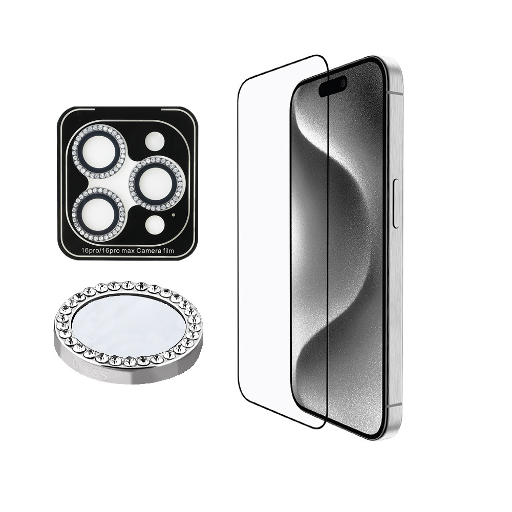 Apple iPhone 16 Pro Max Uyumlu Guess Orjinal Lisanslı Rhinestone Ekran Koruyucu + Lens Koruyucu 2in1 Aksesuar Seti