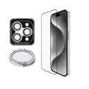 Apple iPhone 16 Pro Uyumlu Guess Orjinal Lisanslı Rhinestone Ekran Koruyucu + Lens Koruyucu 2in1 Aksesuar Seti