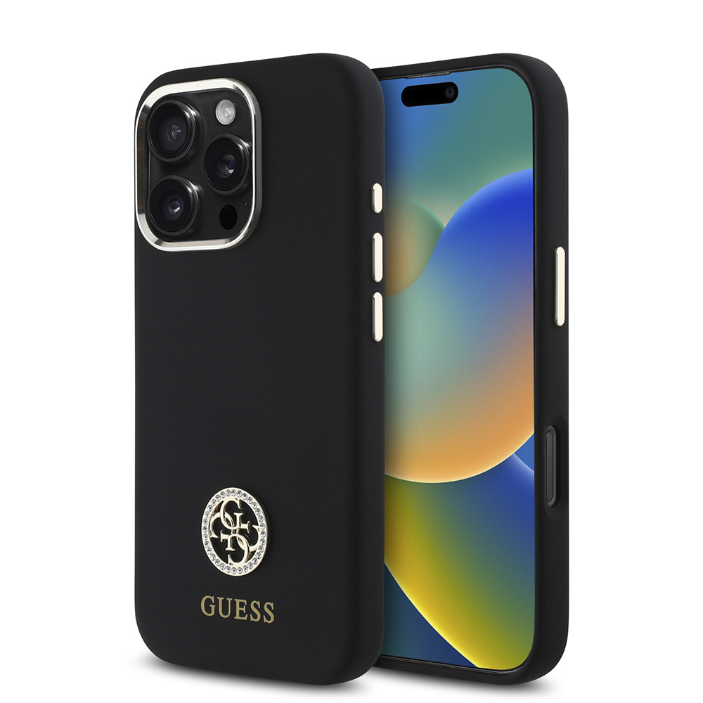 Apple iPhone 16 Pro Max Uyumlu Kılıf Guess Orjinal Lisanslı Yazı ve Taşlı 4G Logolu Metal Kamera Çerçeveli Silikon Kapak