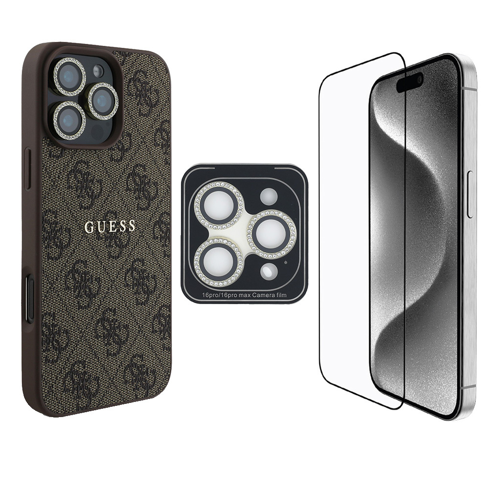 Apple iPhone 16 Pro Max Uyumlu Guess Orjinal Lisanslı Kılıf + Ekran Koruyucu + Lens Koruyucu 3in1 Aksesuar Seti
