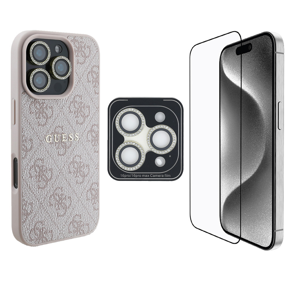 Apple iPhone 16 Pro Max Uyumlu Guess Orjinal Lisanslı Kılıf + Ekran Koruyucu + Lens Koruyucu 3in1 Aksesuar Seti