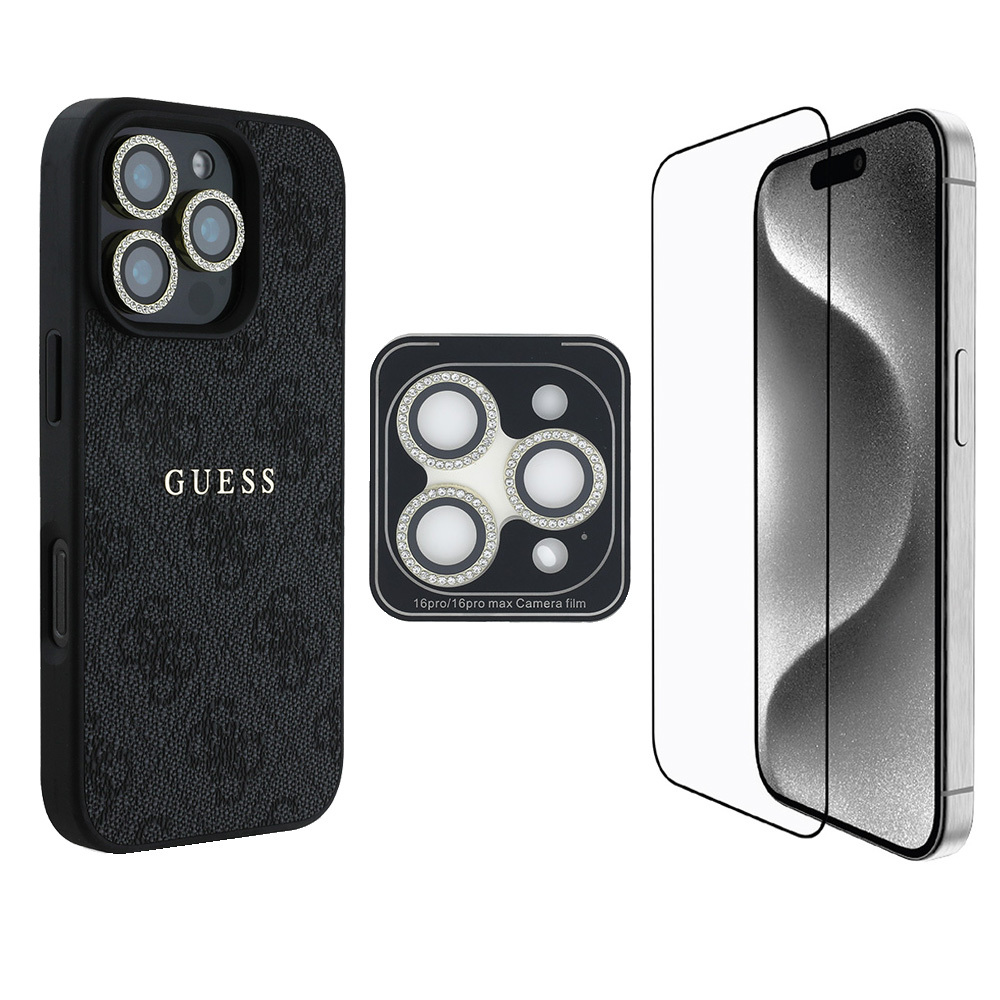 Apple iPhone 16 Pro Max Uyumlu Guess Orjinal Lisanslı Kılıf + Ekran Koruyucu + Lens Koruyucu 3in1 Aksesuar Seti