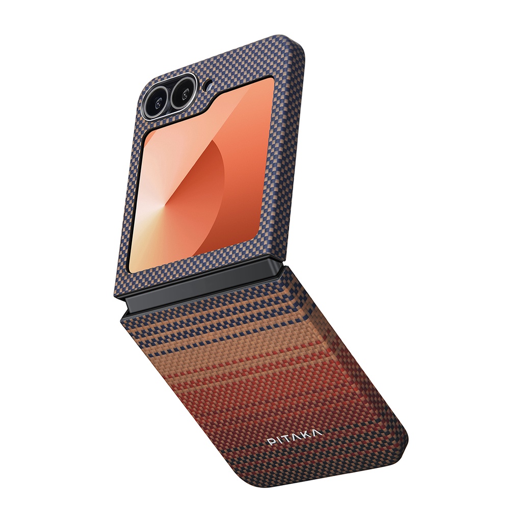 [RNZ-TA112060] Samsung Galaxy Z Flip 6 Uyumlu Kılıf M-safe Şarj Özellikli Aramid Fiber Pitaka Tactile Woven Sunset-Moonrise Serisi Sunset Kapak