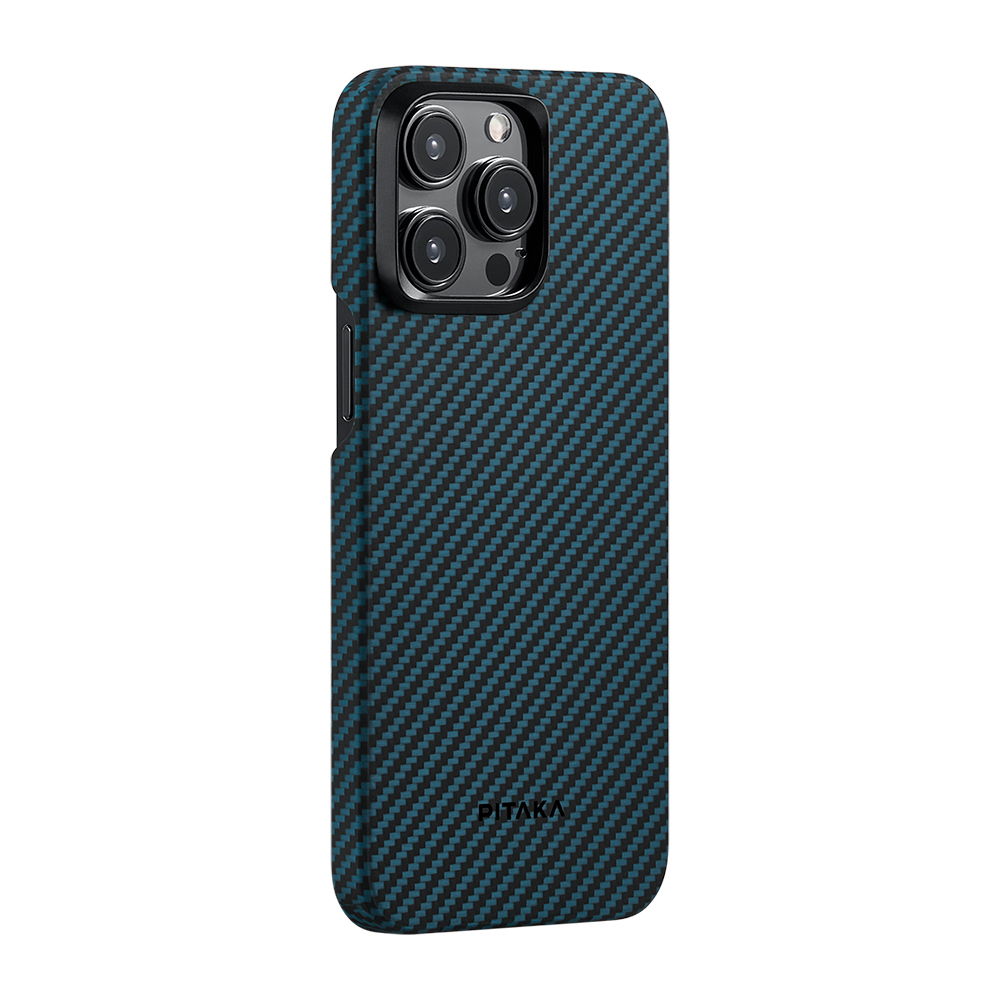 [RNZ-TA112040] Apple iPhone 15 Pro Uyumlu Kılıf M-safe Şarj Özellikli 1500D Aramid Fiber Pitaka Ultra-Slim Classic Serisi Black-Blue Twill Kapak