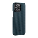 Apple iPhone 15 Pro Uyumlu Kılıf M-safe Şarj Özellikli 1500D Aramid Fiber Pitaka Ultra-Slim Classic Serisi Black-Blue Twill Kapak