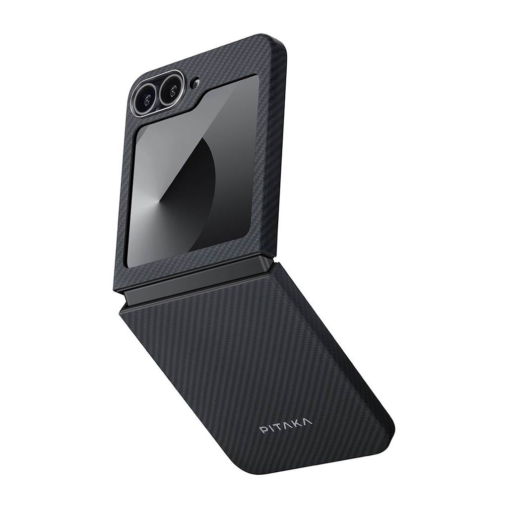 [RNZ-TA112059] Samsung Galaxy Z Flip 6 Uyumlu Kılıf M-safe Şarj Özellikli 600D Aramid Fiber Pitaka Ultra-Slim Classic Serisi Black-Grey Twill Kapak