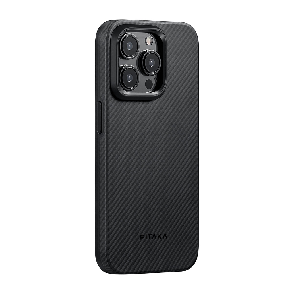 [RNZ-TA112036] Apple iPhone 15 Pro Max Uyumlu Kılıf M-safe Şarj Özellikli 600D Aramid Fiber Pitaka Military-Grade Classic Serisi Black-Grey Twill Kapak