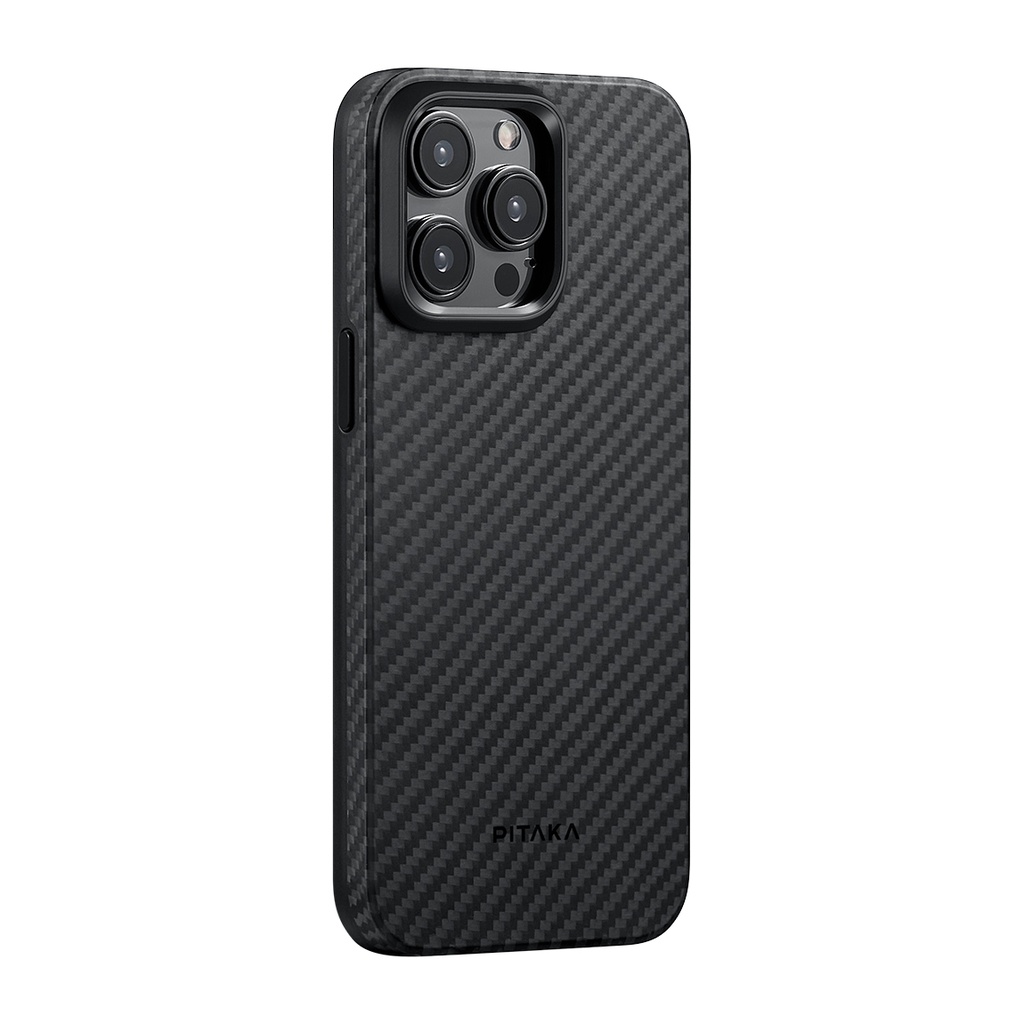 Apple iPhone 15 Pro Max Uyumlu Kılıf M-safe Şarj Özellikli 1500D Aramid Fiber Pitaka Military-Grade Classic Serisi Black-Grey Twill Kapak