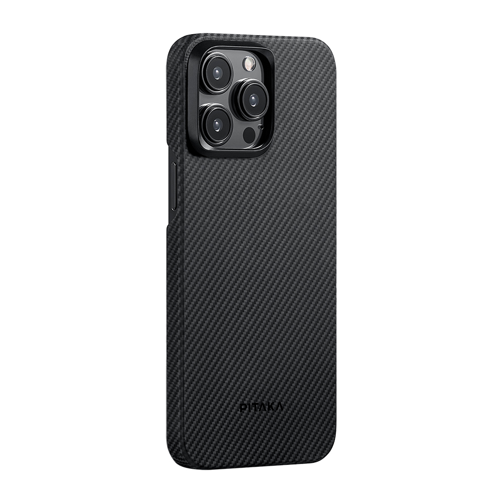 [RNZ-TA112039] Apple iPhone 15 Pro Max Uyumlu Kılıf M-safe Şarj Özellikli 600D Aramid Fiber Pitaka Ultra-Slim Classic Serisi Black-Grey Twill Kapak