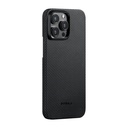 Apple iPhone 15 Pro Max Uyumlu Kılıf M-safe Şarj Özellikli 600D Aramid Fiber Pitaka Ultra-Slim Classic Serisi Black-Grey Twill Kapak