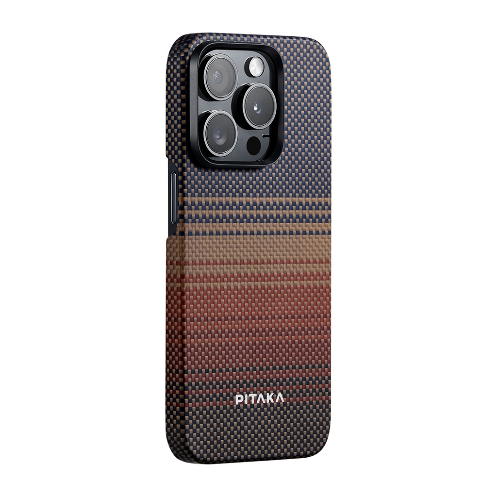 [RNZ-TA112042] Apple iPhone 15 Pro Max Uyumlu Kılıf M-safe Şarj Özellikli Aramid Fiber Pitaka Tactile Woven Sunset-Moonrise Serisi Sunset Kapak