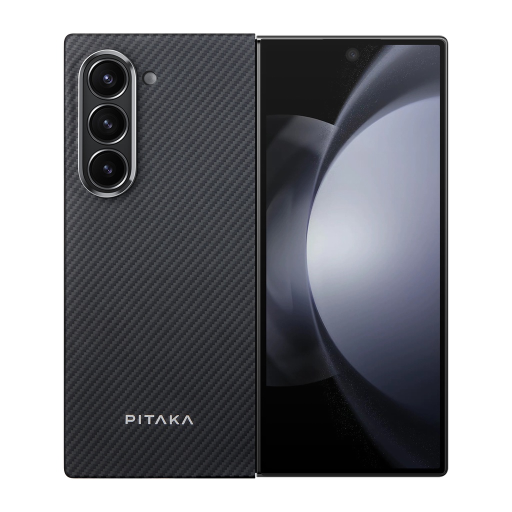 [RNZ-TA112062] Samsung Galaxy Z Fold 6 Uyumlu Kılıf M-safe Şarj Özellikli 600D Aramid Fiber Pitaka Ultra-Slim Classic Serisi Black-Grey Twill Kapak