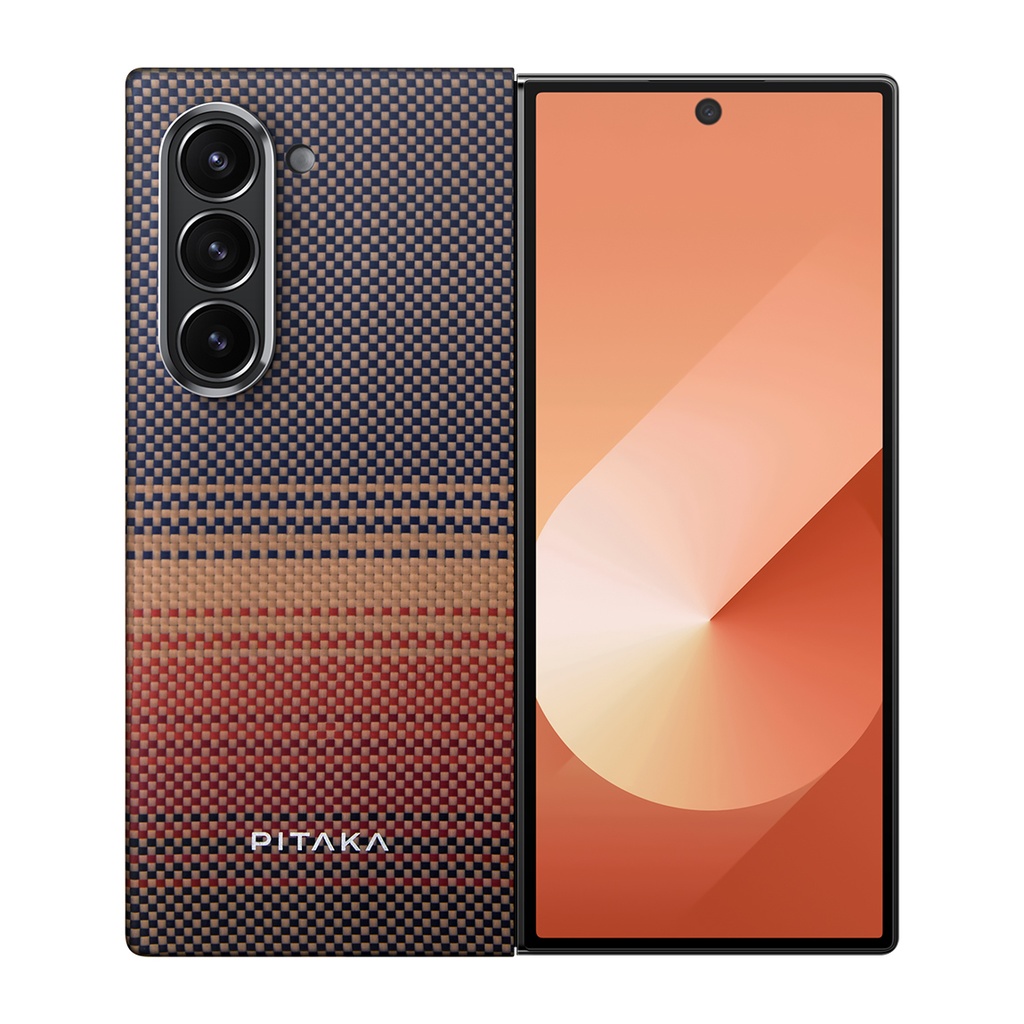 [RNZ-TA112063] Samsung Galaxy Z Fold 6 Uyumlu Kılıf M-safe Şarj Özellikli Aramid Fiber Pitaka Tactile Woven Sunset-Moonrise Serisi Sunset Kapak