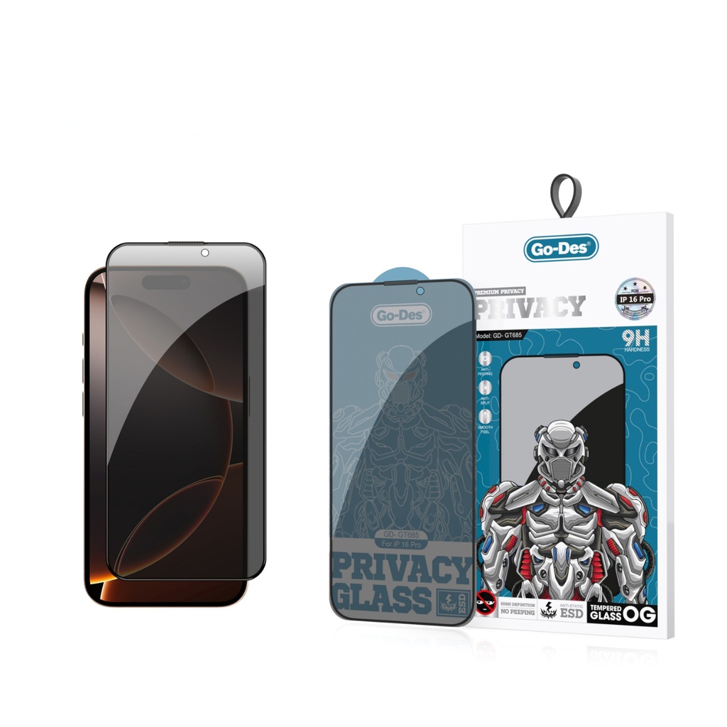 [RNZ-TA112878] Apple iPhone 16 Pro Uyumlu Go Des 9D Full Cover Privacy Temperli Cam Ekran Koruyucu