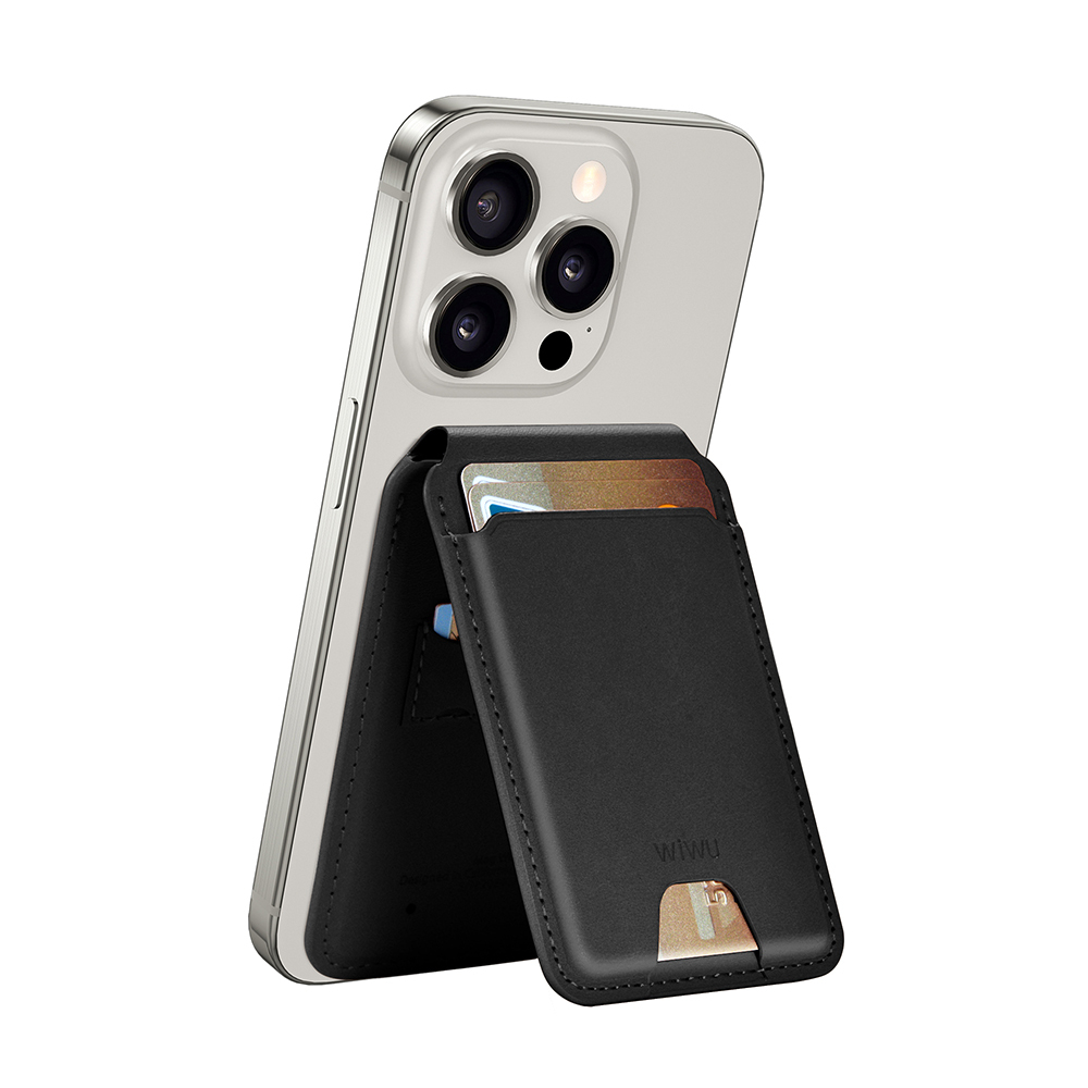 [RNZ-TA112880] Wiwu MW-005 Magnetik Standlı Kartlık Qi Kablosuz Şarj Uyumlu FindMy Özellikli Mag Wallet (Siyah)